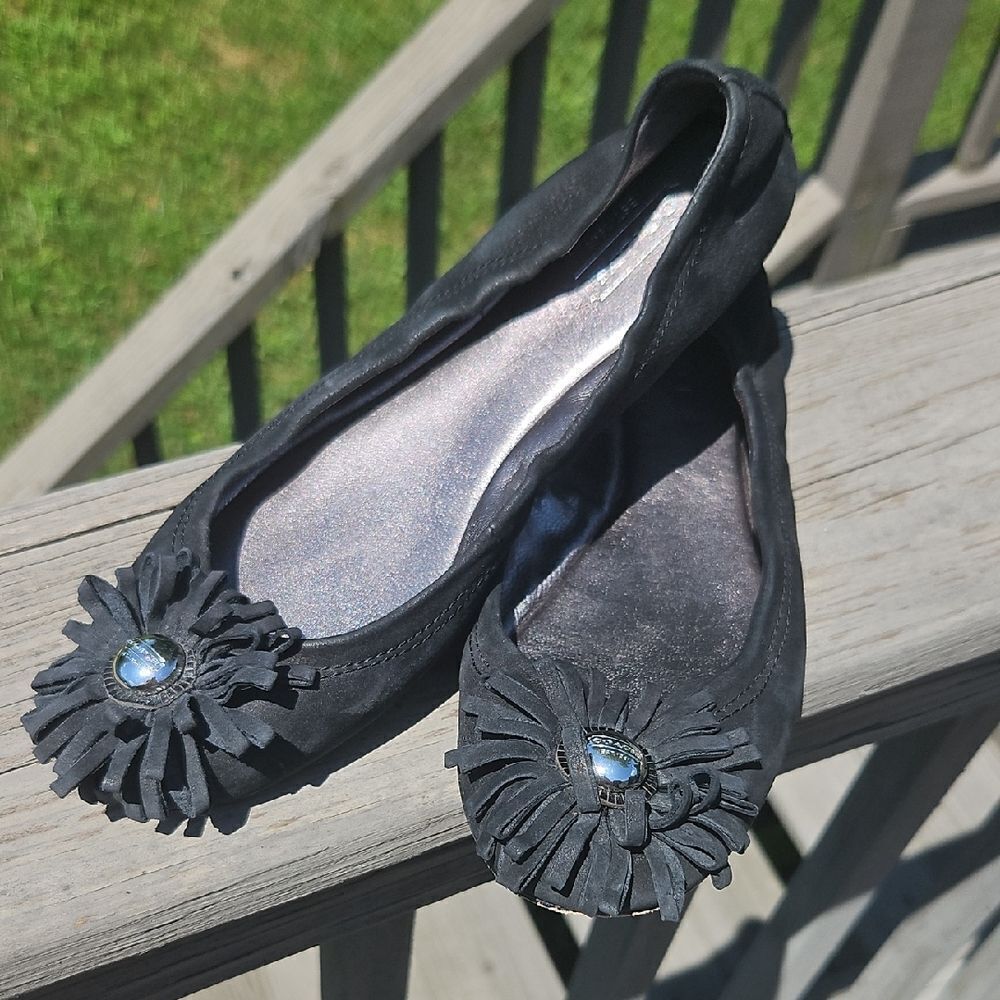 Coach Ariza Black Suede Flats Size 7 Flower Rosette Ballet Shoes